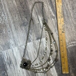 Multi Strand Antique Style Necklace Large Black Ornate Filigree Setting